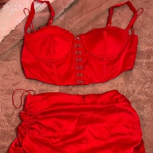 Red Silky Skirt Set
